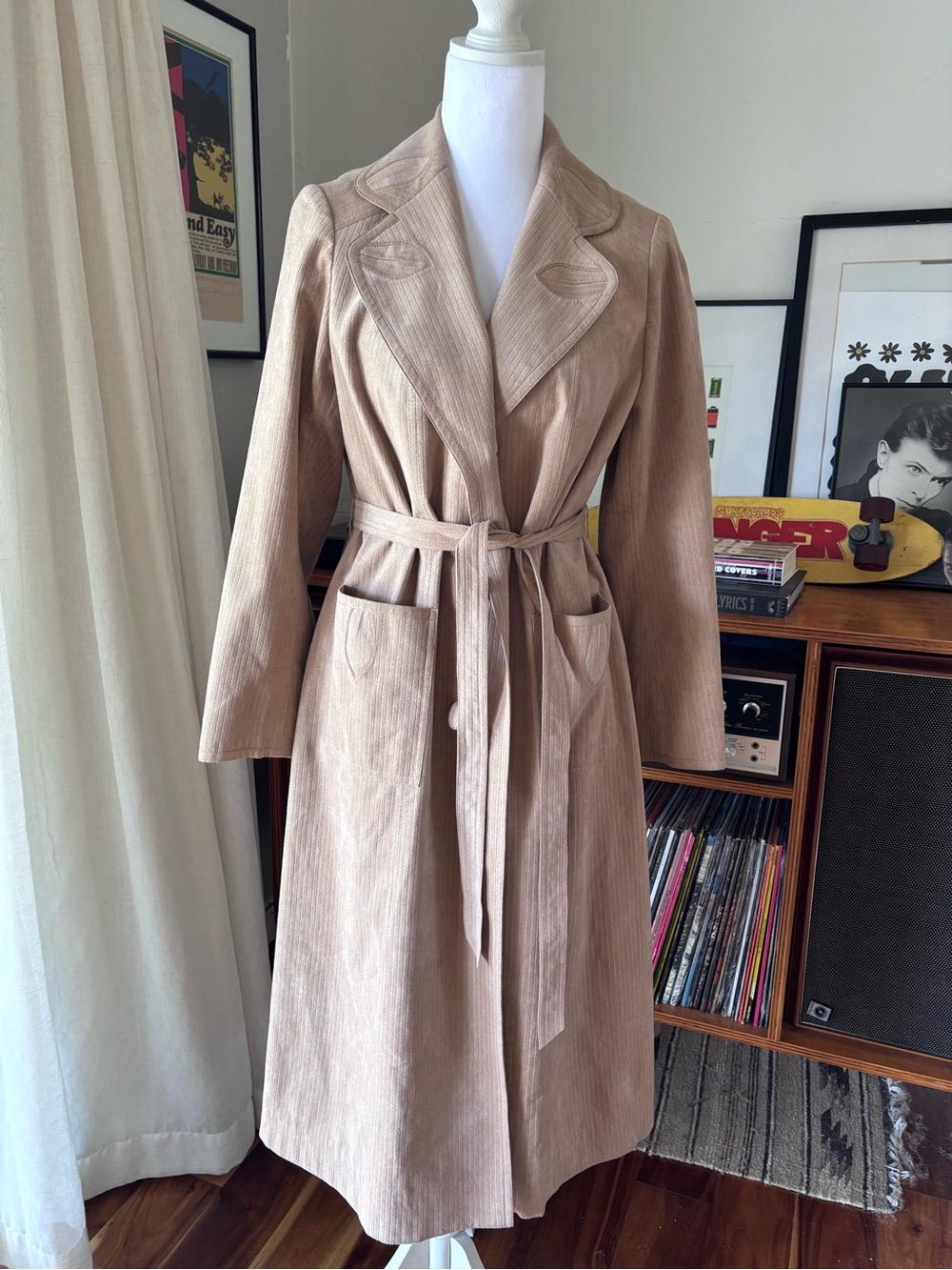 Vintage Ribbed Suade Tie-Waist Long Women's Coat